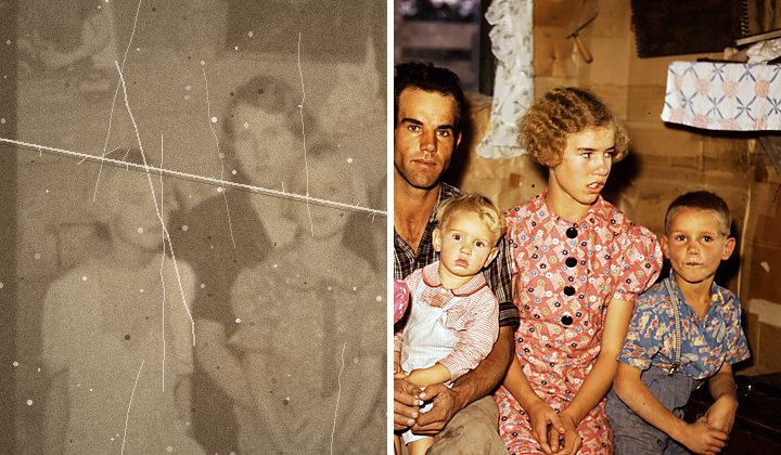 A family photo, left half damaged and right half restored